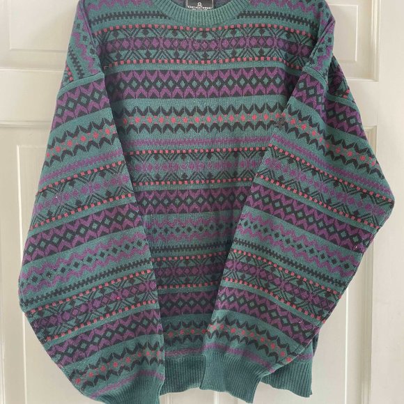 Demetre Other - Nineties Vintage Men's XL green/purple ski sweater